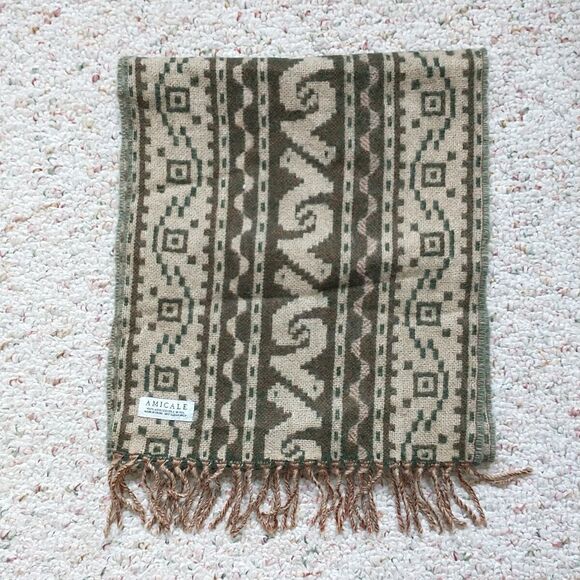 Amicale Scarf Beige Brown 100% Mercerized Wool Ethnic Geometric Fringes Unisex - Picture 1 of 6